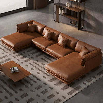 Vanilla Black Genuine Leather U-Shaped Sectional