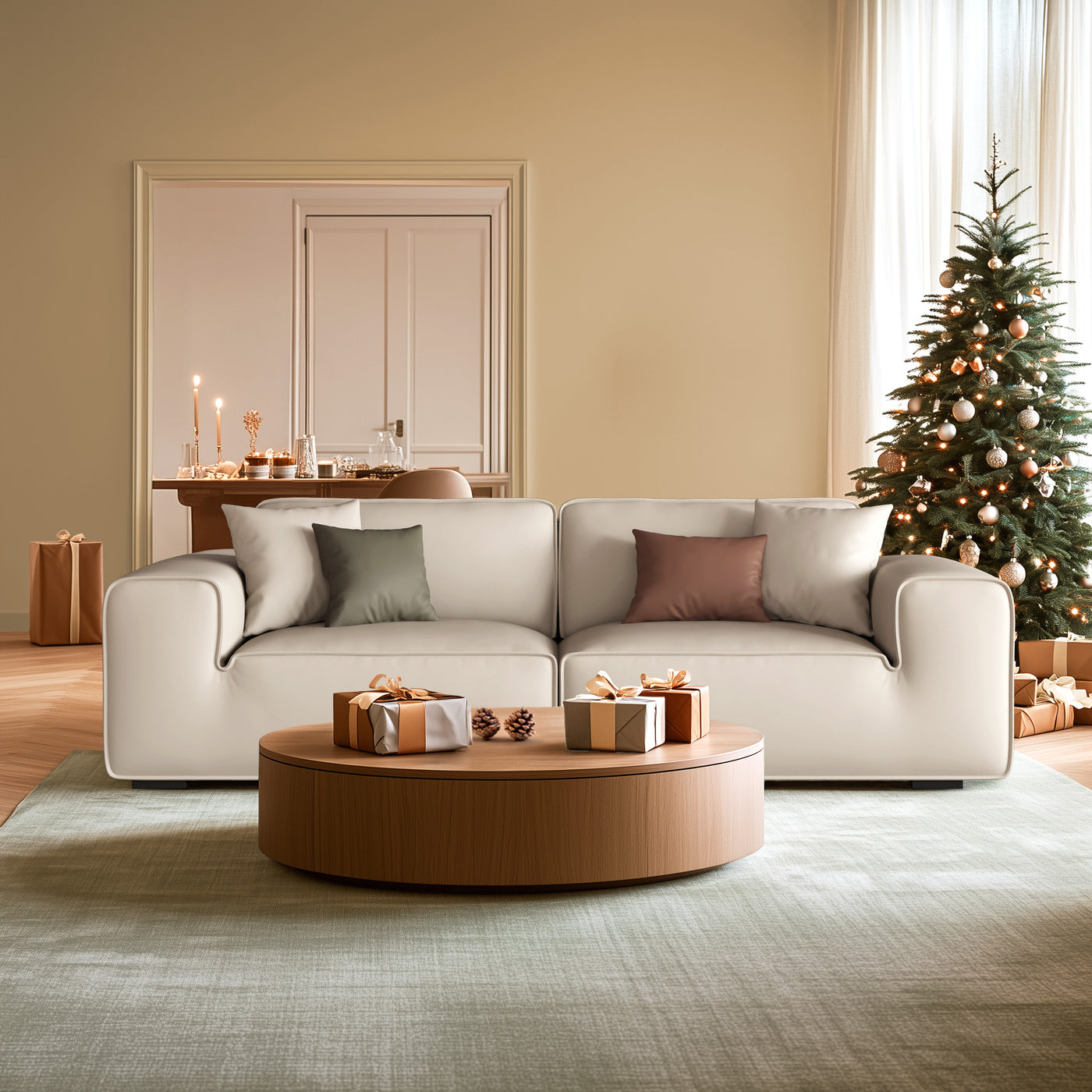 Domus Modular Beige Leather Sofa-Beige