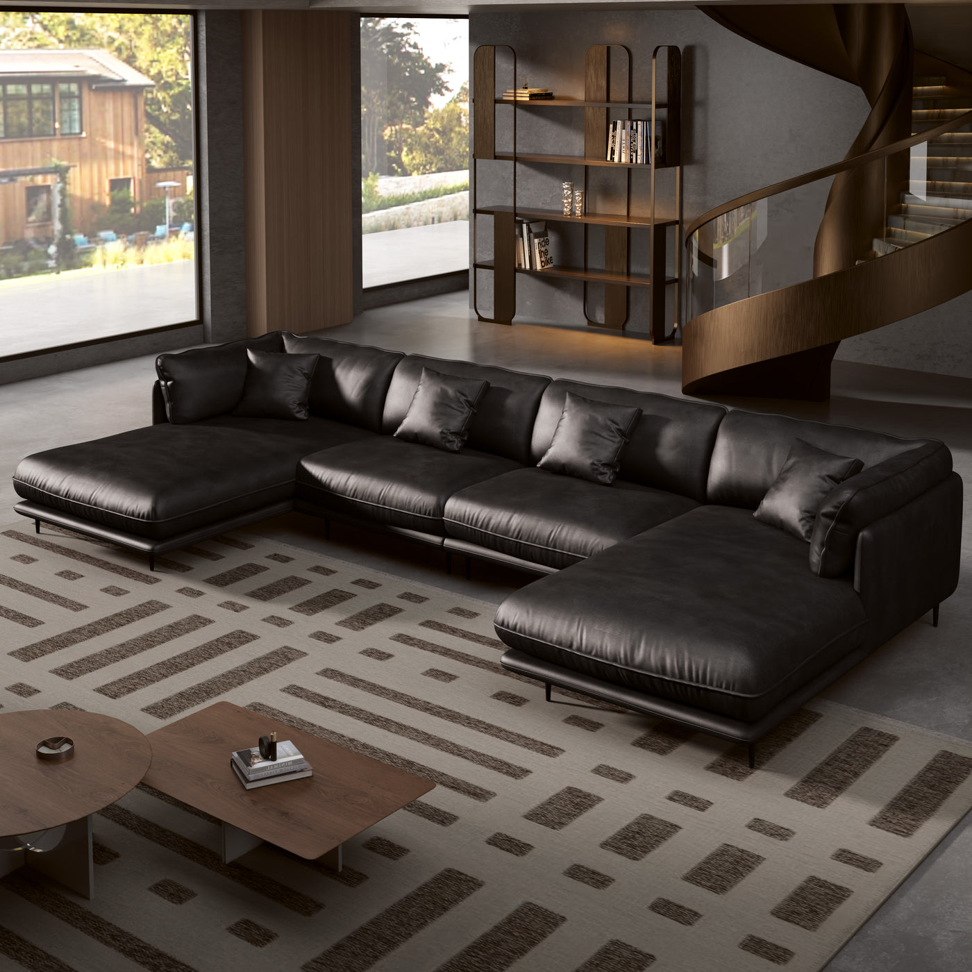 Vanilla Black Genuine Leather U-Shaped Sectional