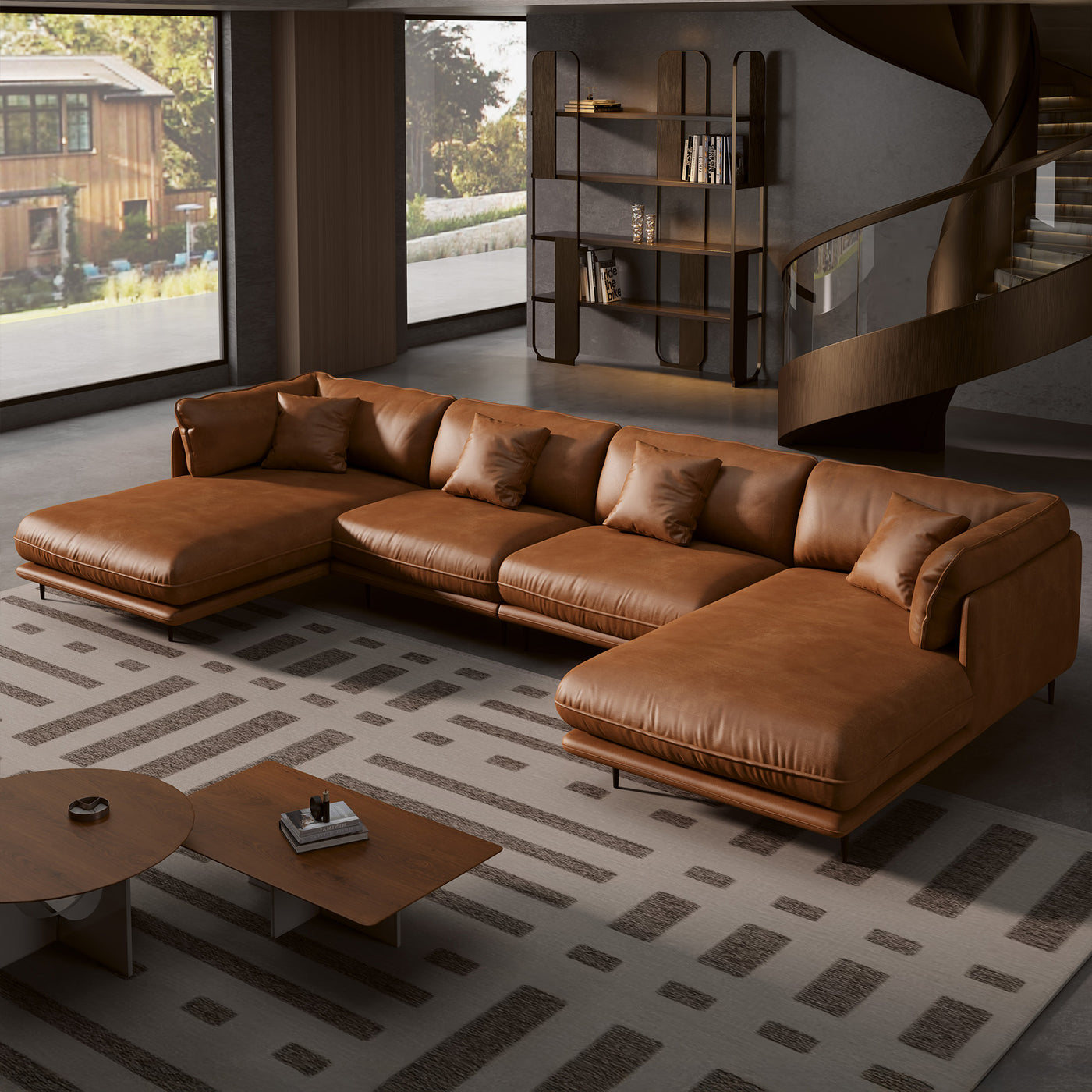 Vanilla Black Genuine Leather U-Shaped Sectional