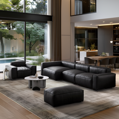 Luxury Minimalist Black Leather Sectional Set-Black