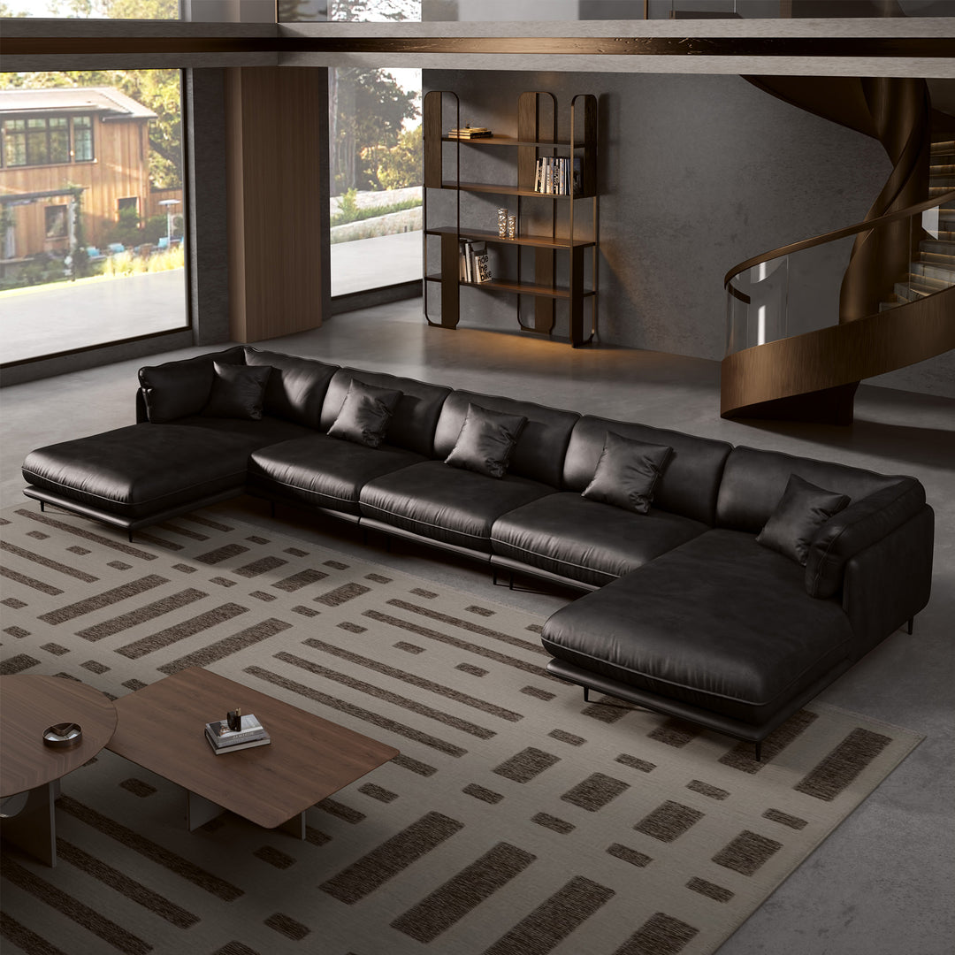 Vanilla Black Genuine Leather U-Shaped Sectional