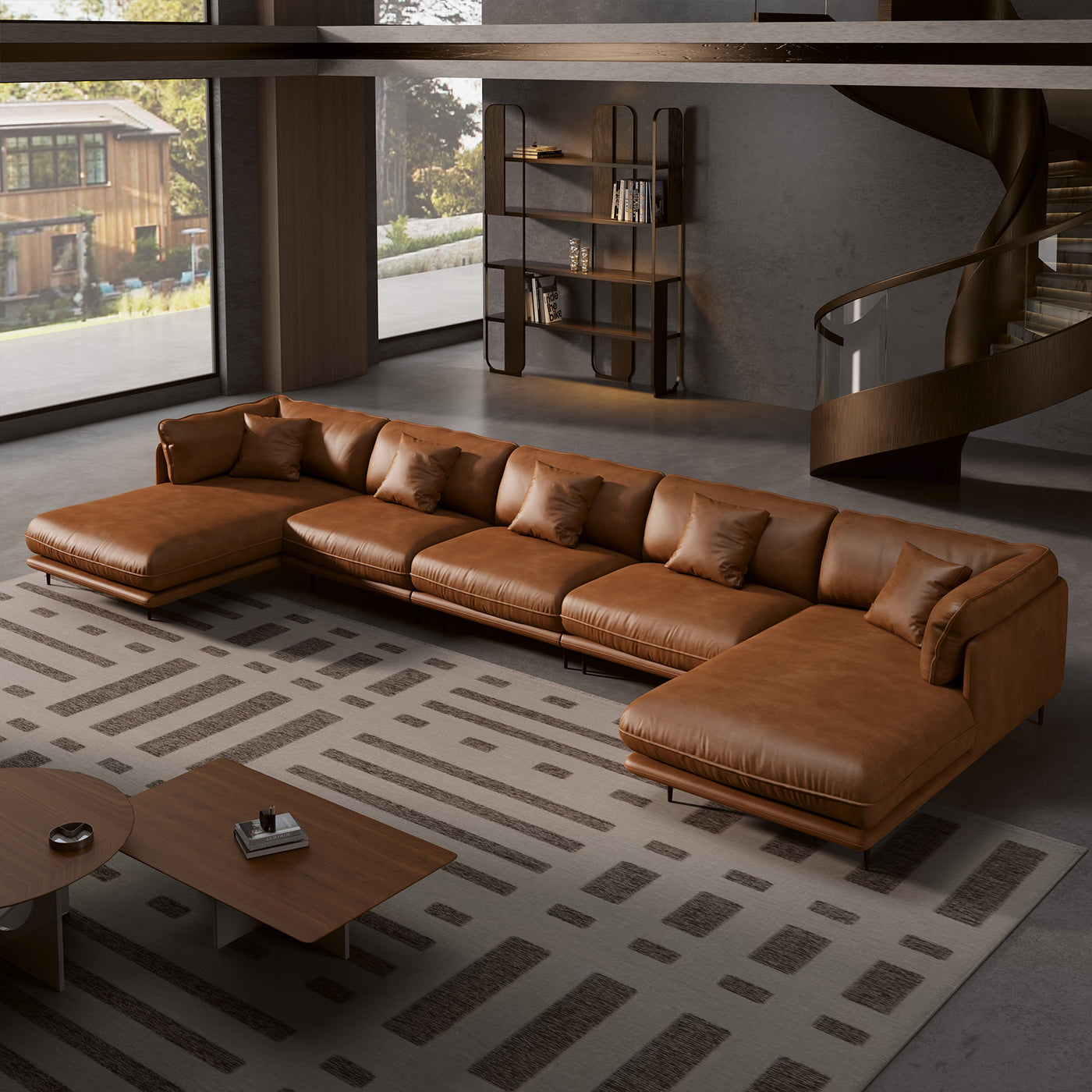 Vanilla Black Genuine Leather U-Shaped Sectional