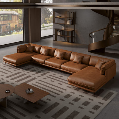 Vanilla Black Genuine Leather U-Shaped Sectional