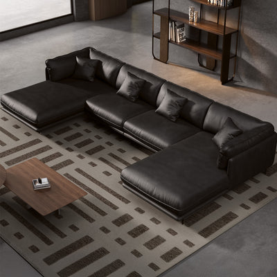 Vanilla Black Genuine Leather U-Shaped Sectional