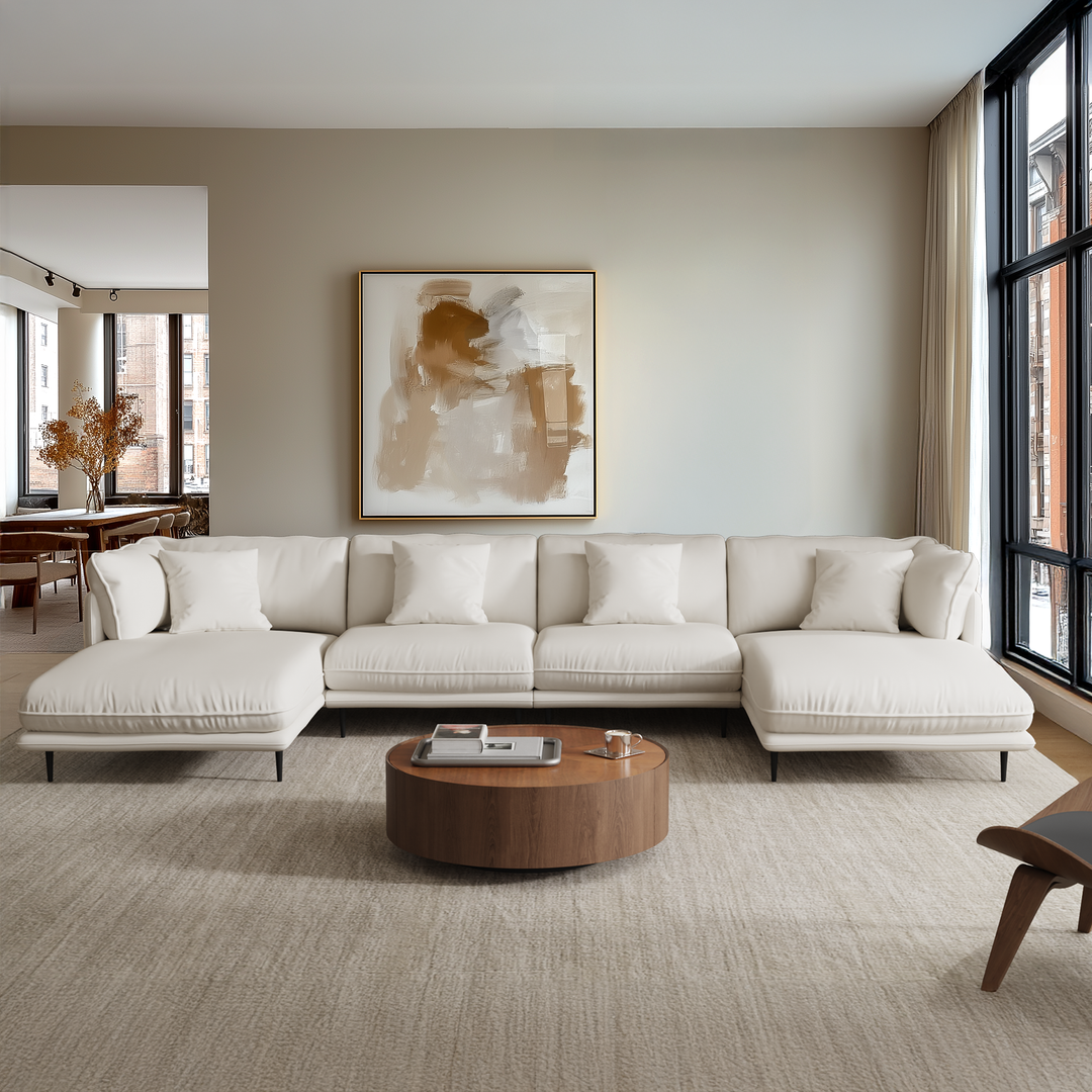 Vanilla White Leather U Shaped Sectional-White