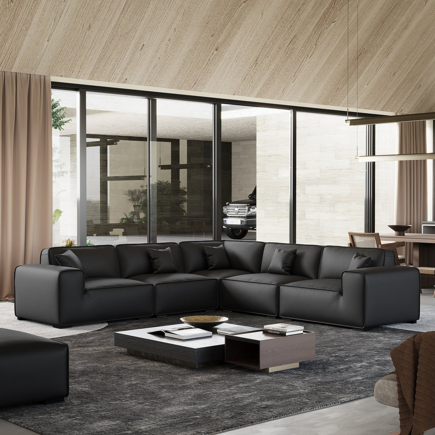 Domus Modular Dark Gray Leather L Shaped Sectional-Black-5 Seater 126.8″