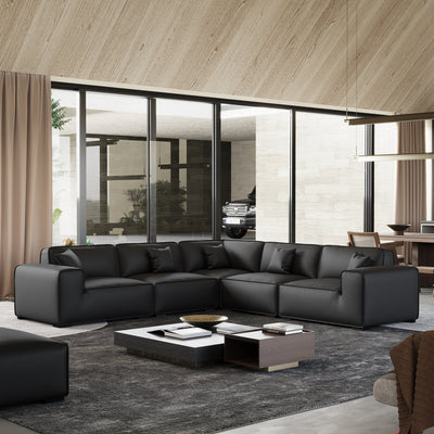 Domus Modular Dark Gray Leather L Shaped Sectional-Black-5 Seater 126.8″