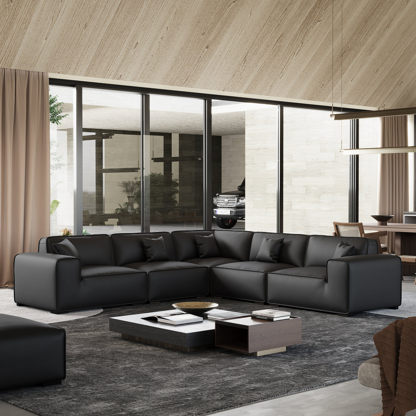 Domus Modular Black Leather L Shaped Sectional Sofa-Black