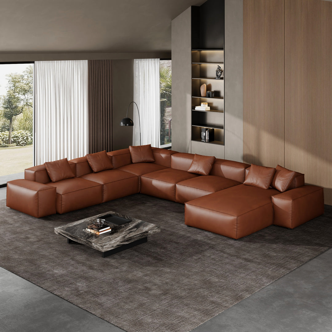 Cube Modular Brown Genuine Leather U-Shaped Sectional