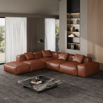 Cube Modular Brown Genuine Leather Corner Sectional With Ottoman
