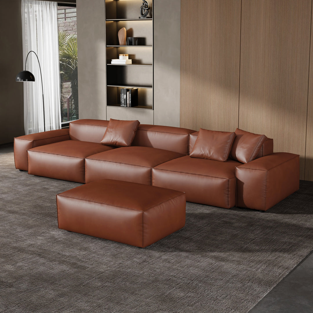 Cube Modular Brown Genuine Leather Sofa with Ottoman