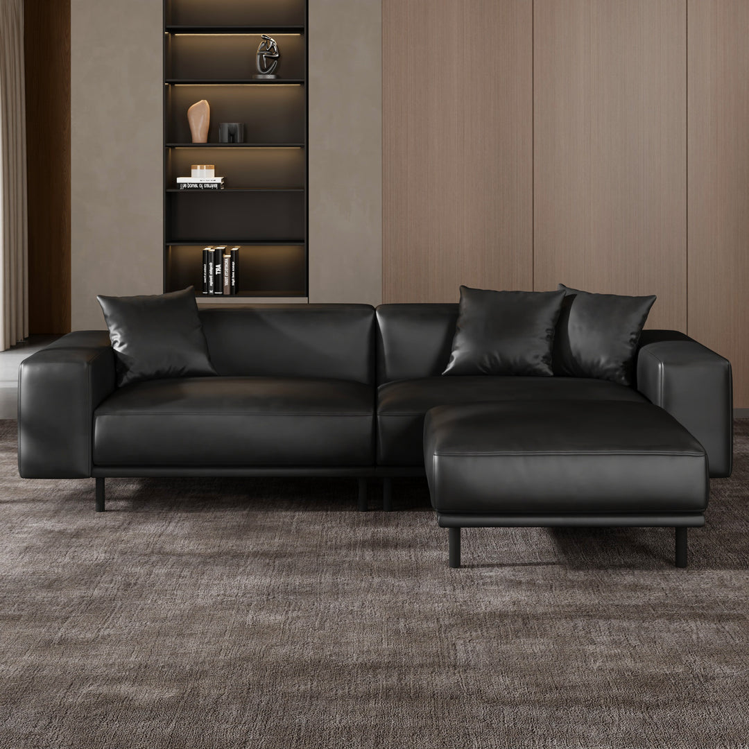 Noble Black Leather Sofa with Ottoman