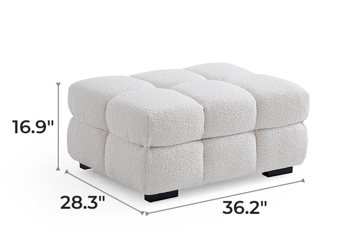 Cushy White Boucle Fabric Tufted Sofa Ottoman-White