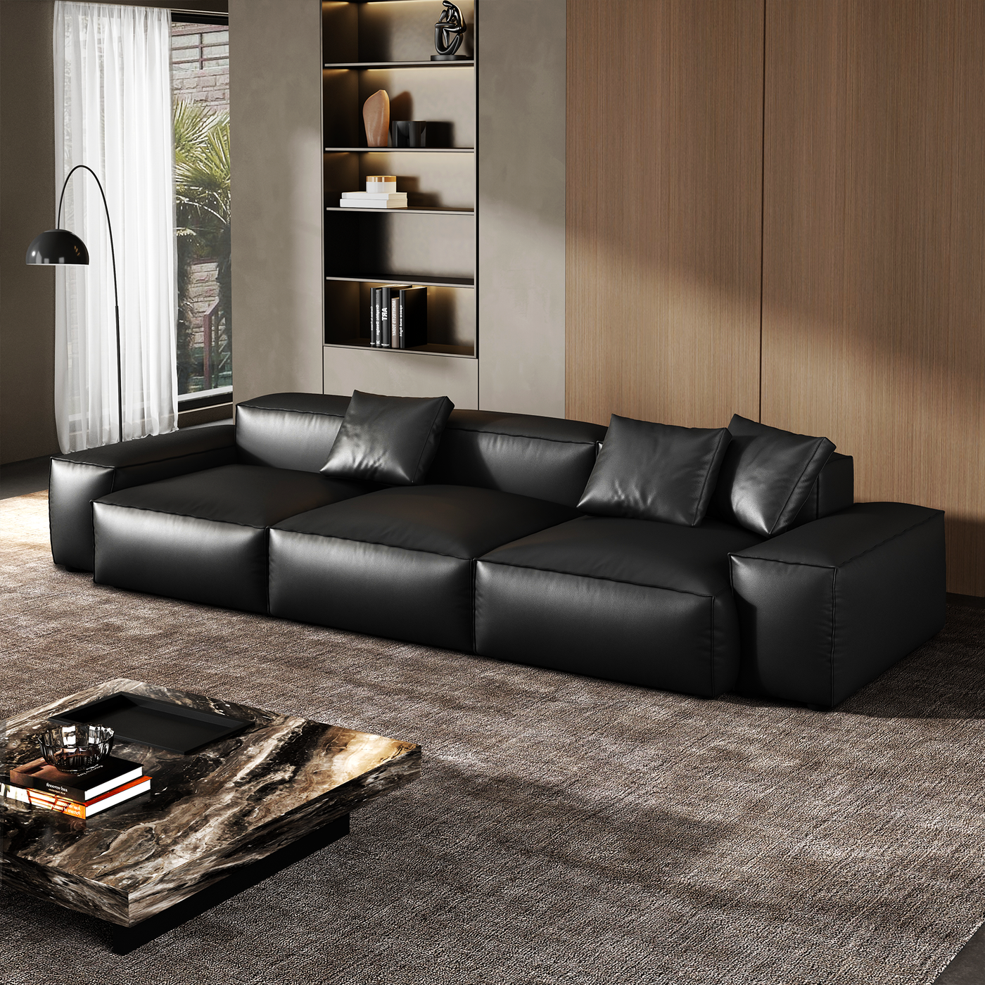 Cube Modular Black Genuine Leather Sofa-Black