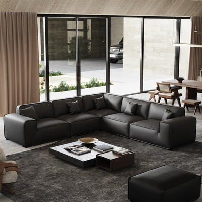 Domus Modular Black Leather L Shaped Sectional Sofa-Black