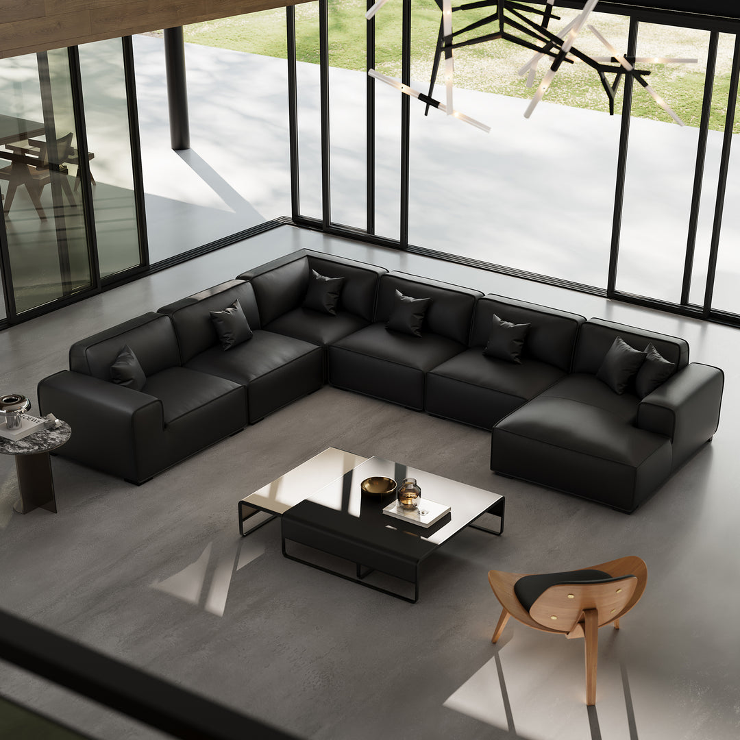Domus Modular Black Leather U Shaped Sectional-Black
