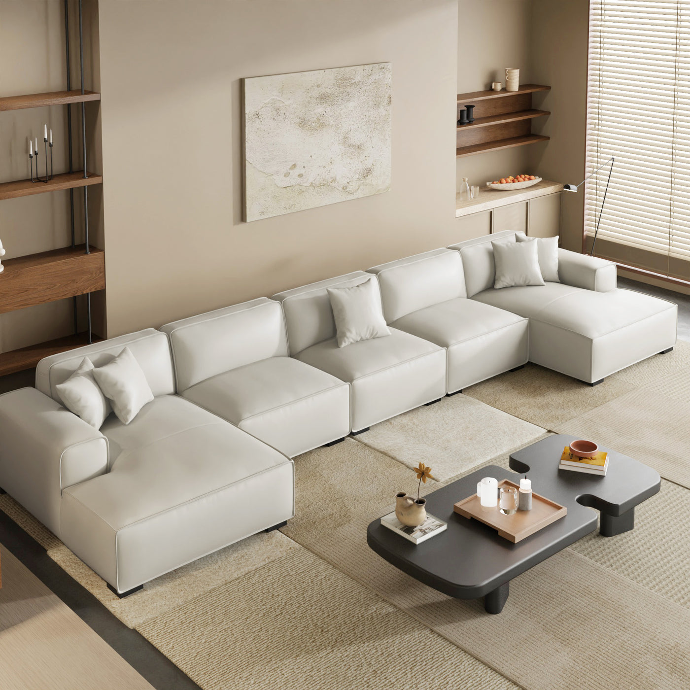 Domus Modular Dark Gray Leather U Shaped Sectional Sofa-White