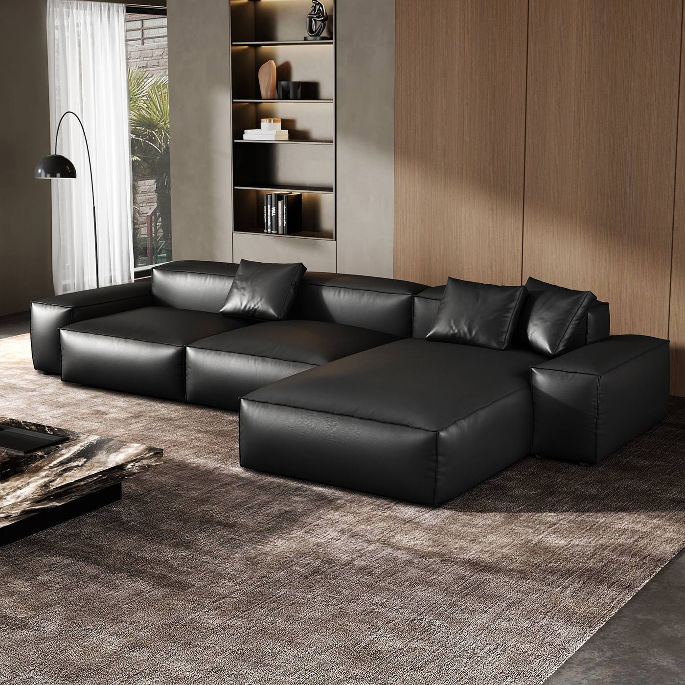 Cube Modular Black Genuine Leather Sectional-Black