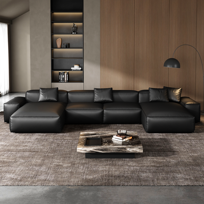 Cube Modular Black Genuine Leather Double Chaise Sectional
