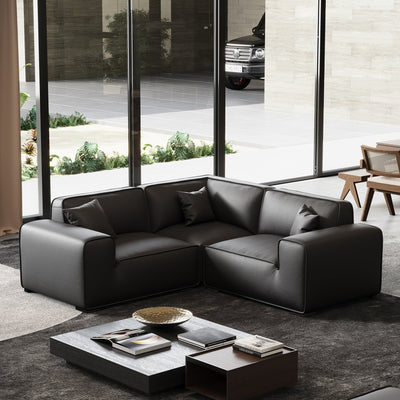 Domus Modular Black Leather L Shaped Sectional Sofa-Black