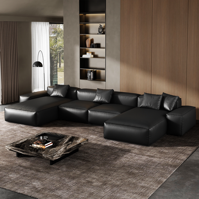 Cube Modular Black Genuine Leather Double Chaise Sectional-Black