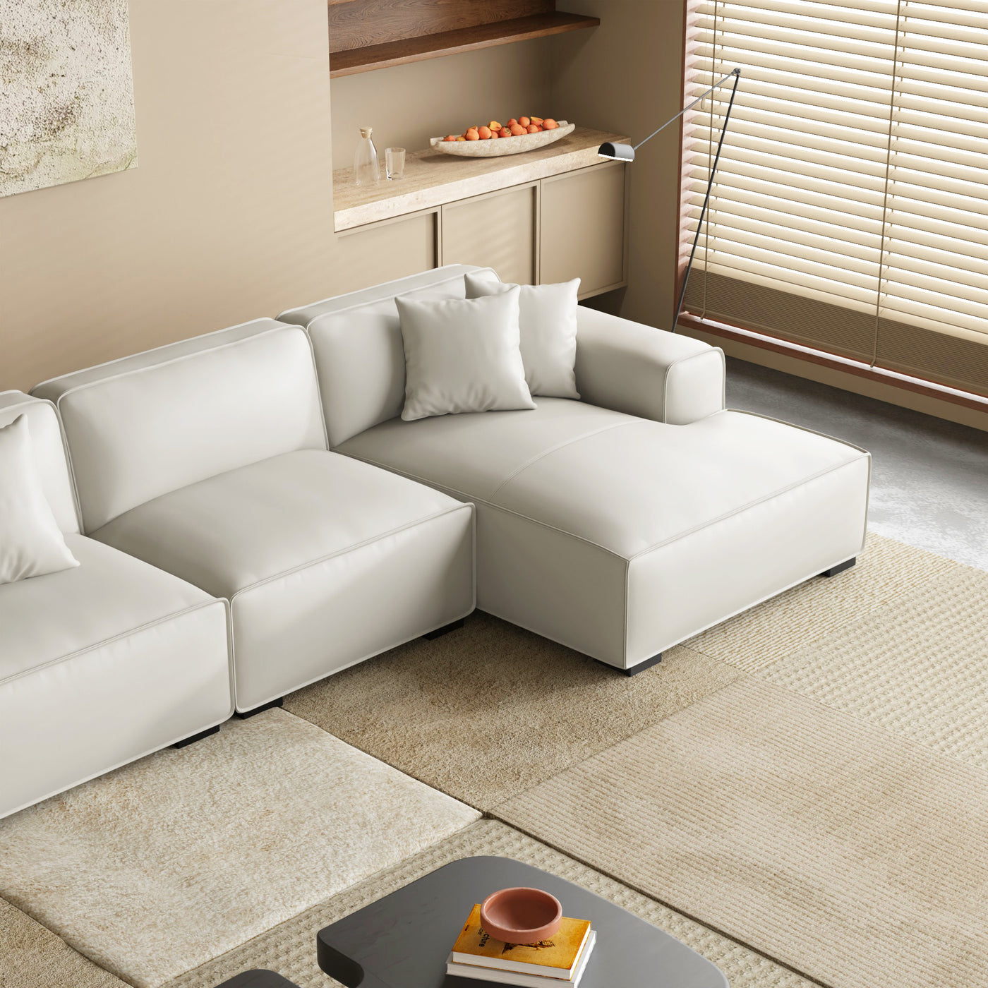 Domus Modular Dark Gray Leather U Shaped Sectional Sofa-White