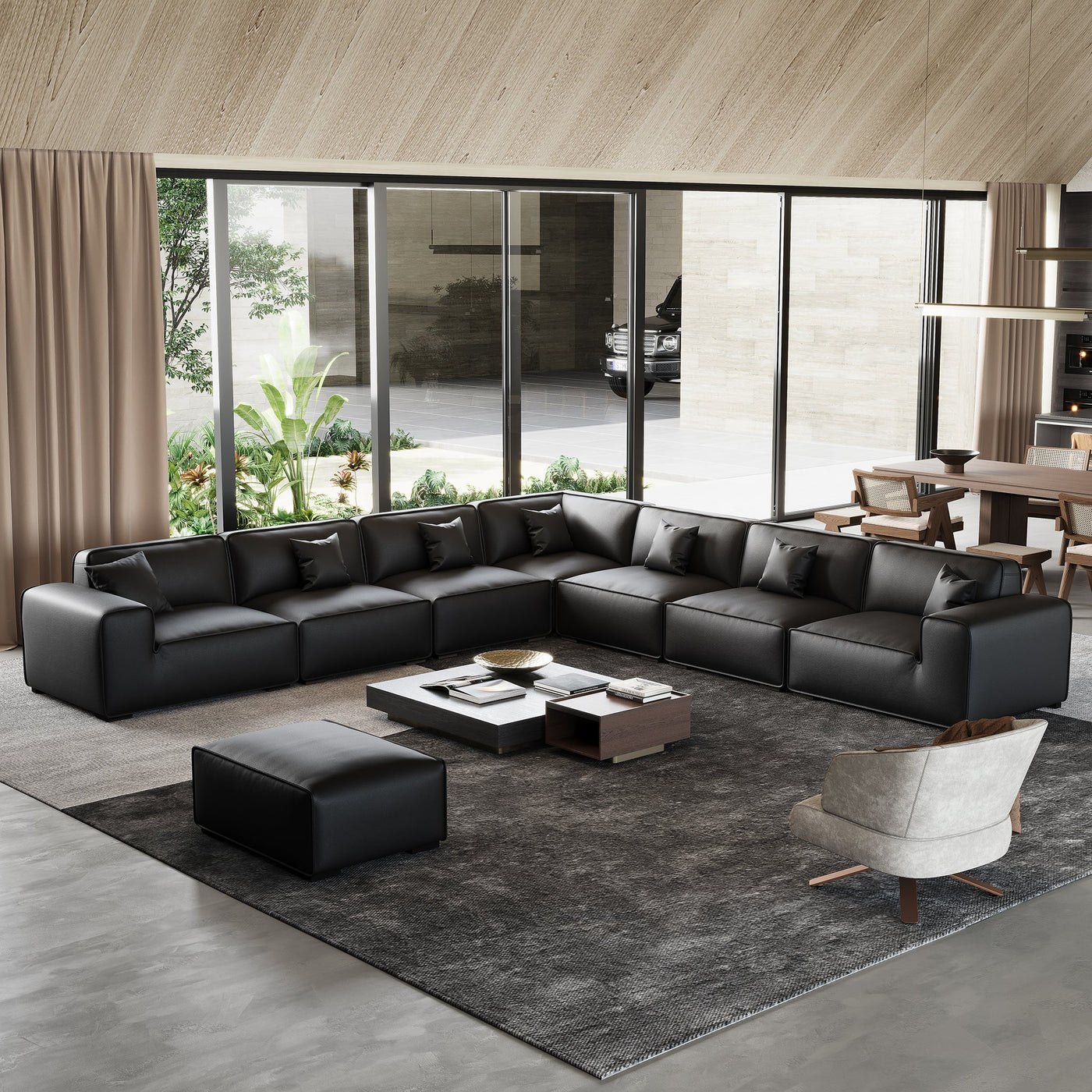 Domus Modular Black Leather L Shaped Sectional Sofa-Black