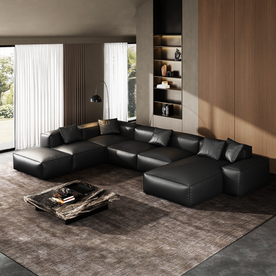 Cube Modular Black Genuine Leather U Shaped Sectional with Ottoman-Black