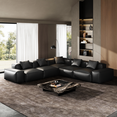 Cube Modular Black Genuine Leather Corner Sectional-Black