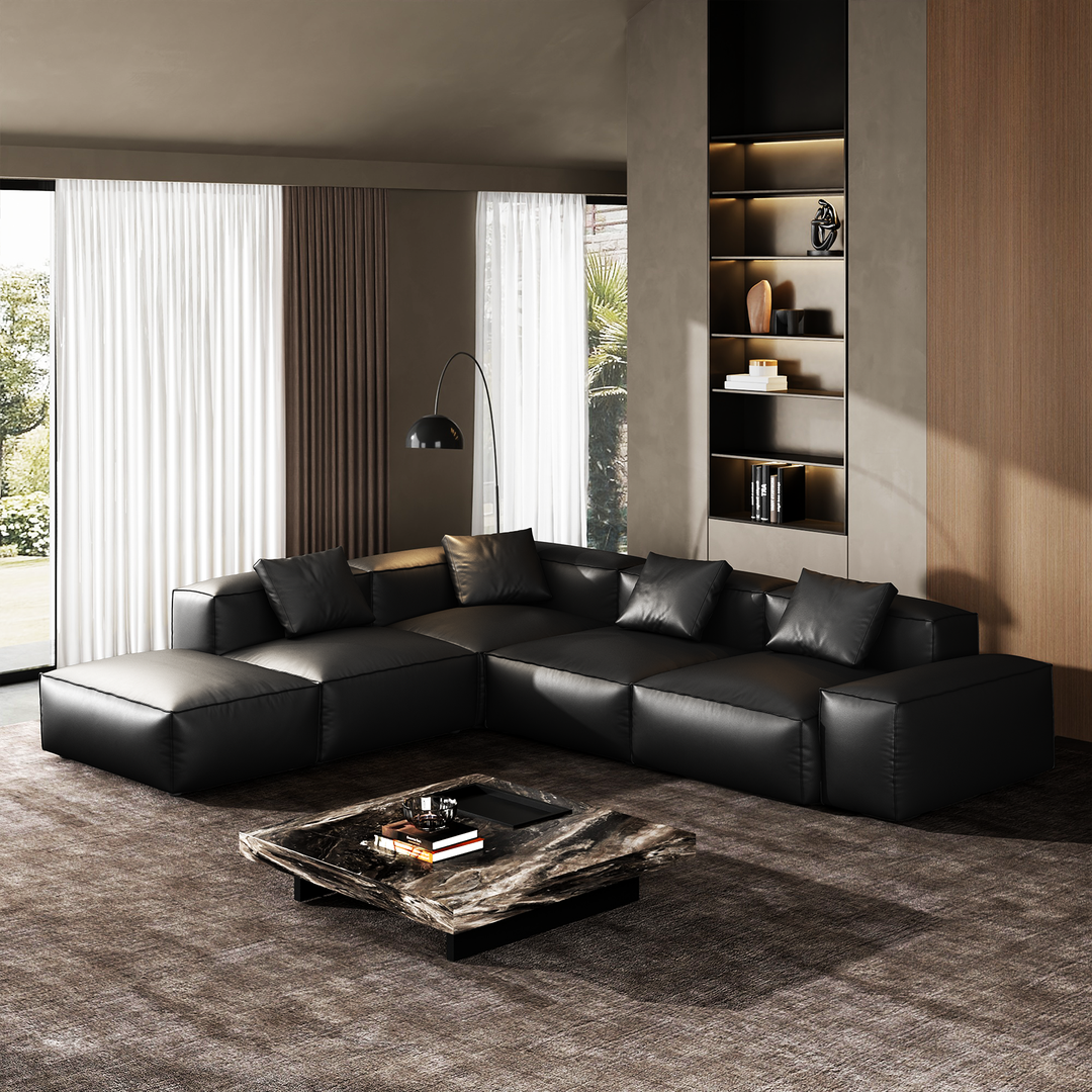 Cube Modular Black Genuine Leather Corner Sectional With Ottoman-Black