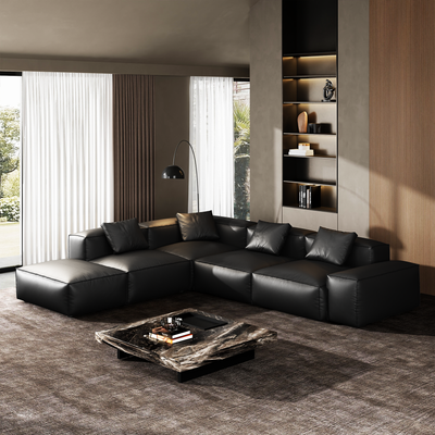 Cube Modular Black Genuine Leather Corner Sectional With Ottoman-Black