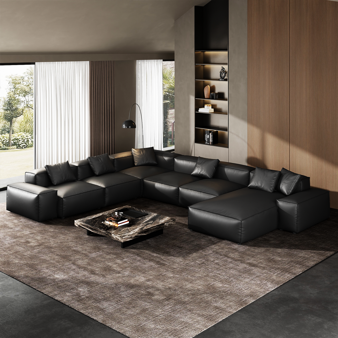 Cube Modular Black Genuine Leather U Shaped Sectional-Black