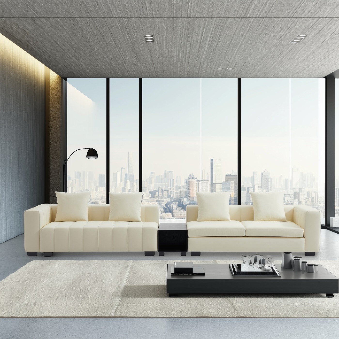 Piano Beige Leather Sofa with Coffee Table