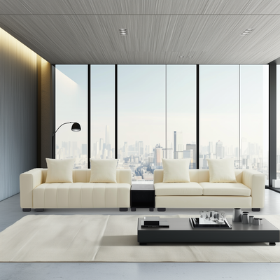 Piano Beige Leather Sofa with Coffee Table