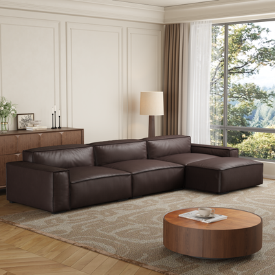 Luxury Minimalist Dark Brown Leather Sofa and Ottoman