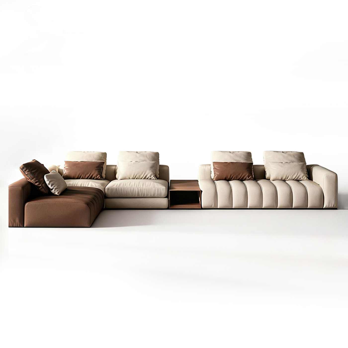 Piano L Shaped Leather Sectional Sofa with Coffee Table-Beige & Brown