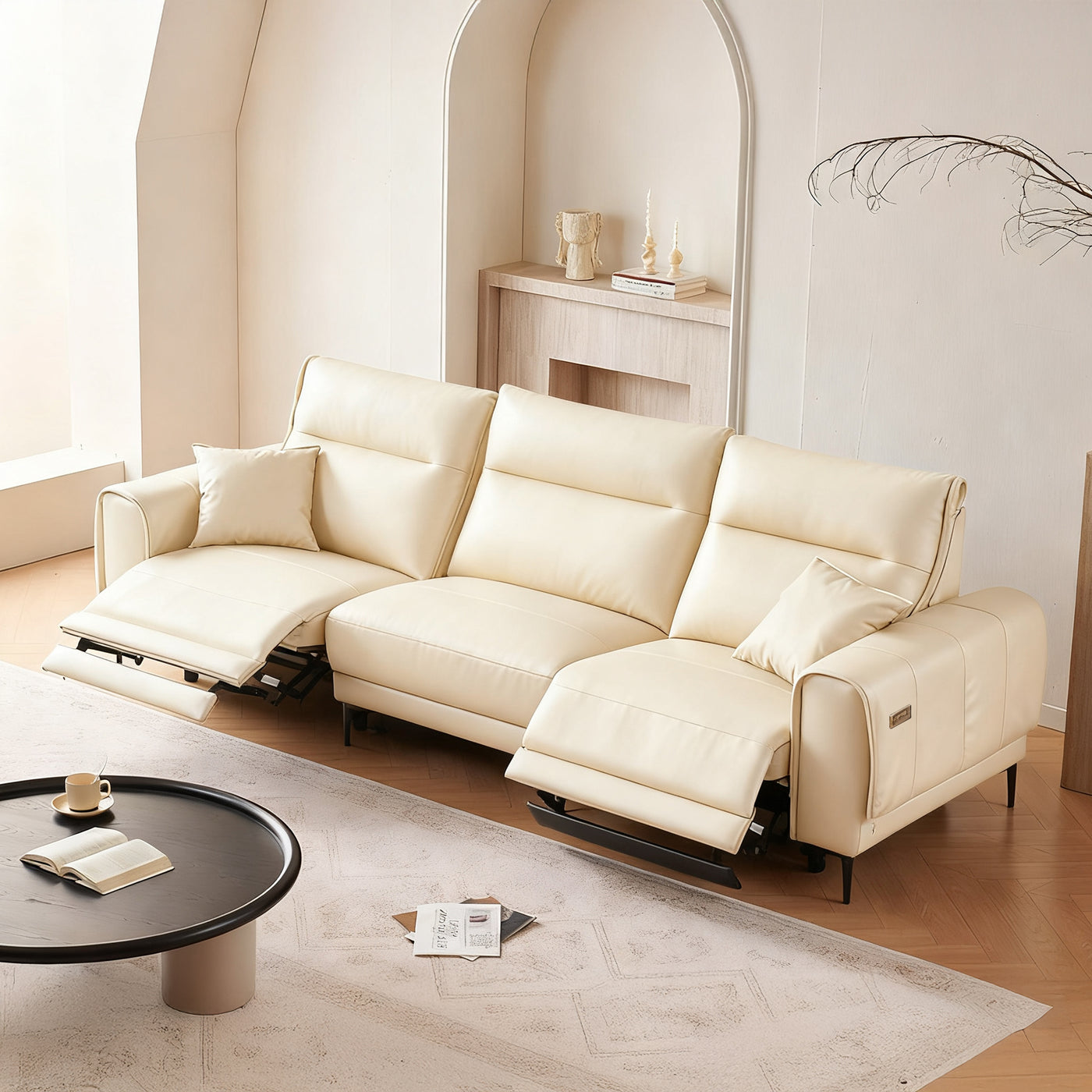 Louis Leather Power Recliner Sofa-Beige