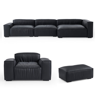 Luxury Minimalist Black Leather Sectional Set-Black-145.7″-Facing Right