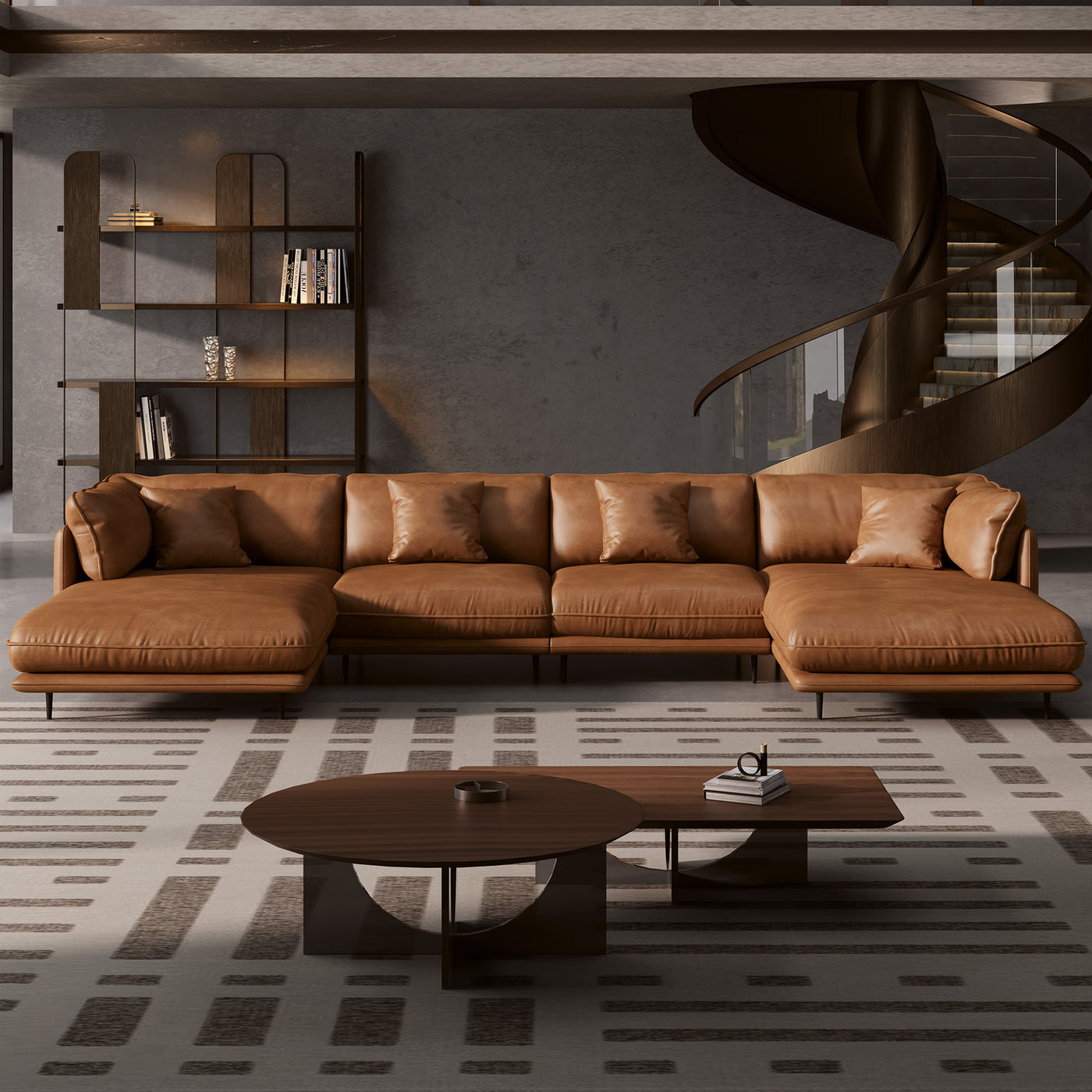 Vanilla Black Genuine Leather U-Shaped Sectional