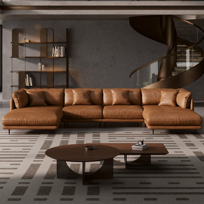 Vanilla Black Genuine Leather U-Shaped Sectional