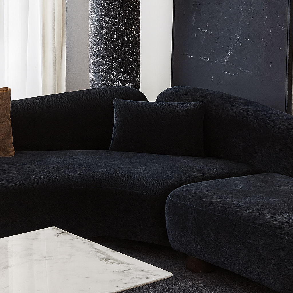 Velvet Curved Sectional Sofa in Midnight Black-Black