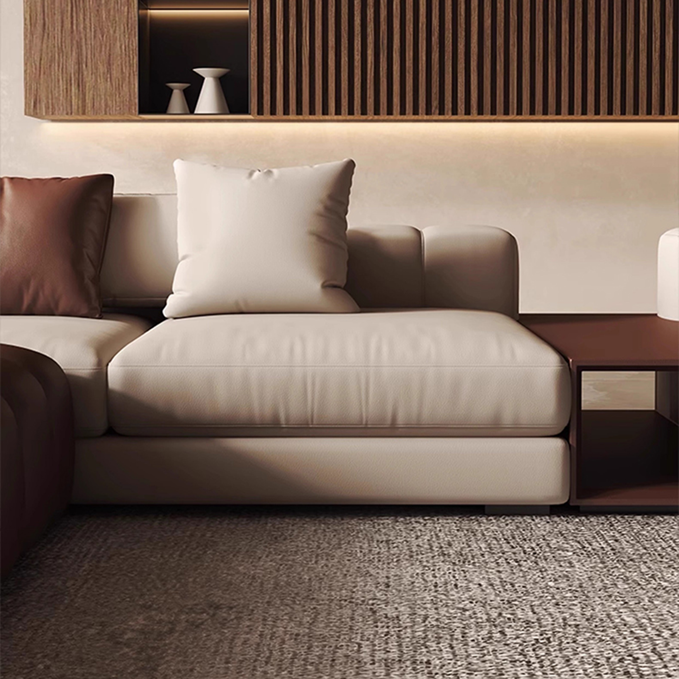 Piano L Shaped Leather Sectional Sofa with Coffee Table-Beige & Brown