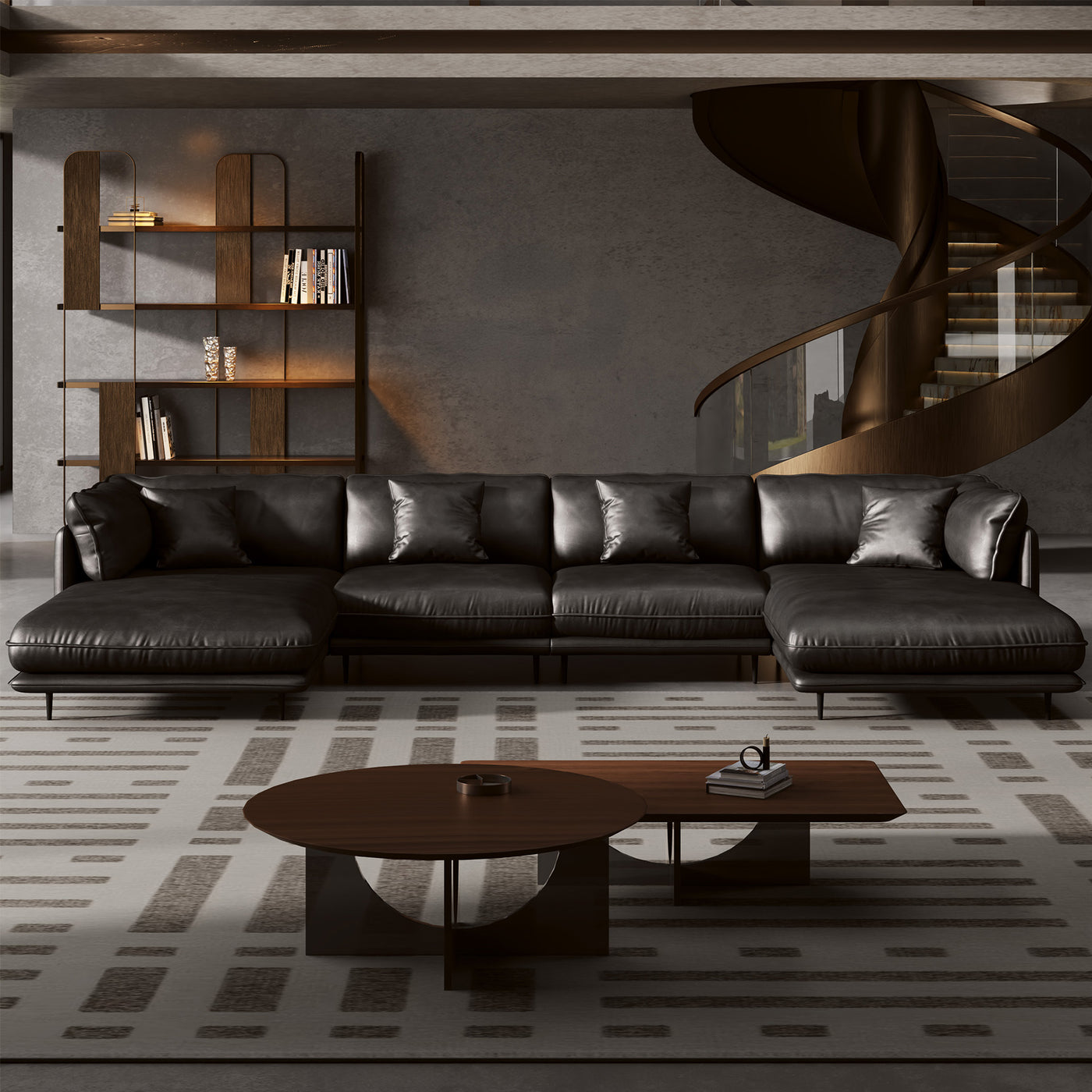 Vanilla Black Genuine Leather U-Shaped Sectional