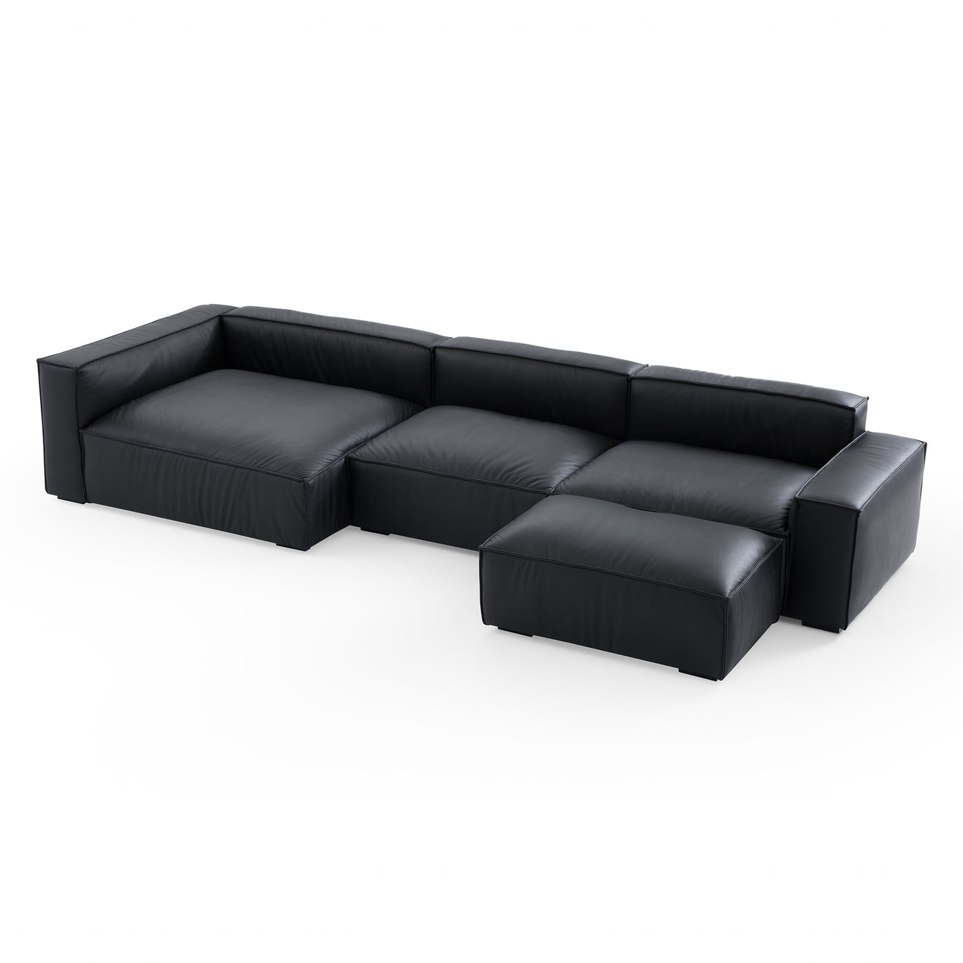 Luxury Minimalist Black Leather Sectional and Ottoman-Black-145.7"-Facing Left
