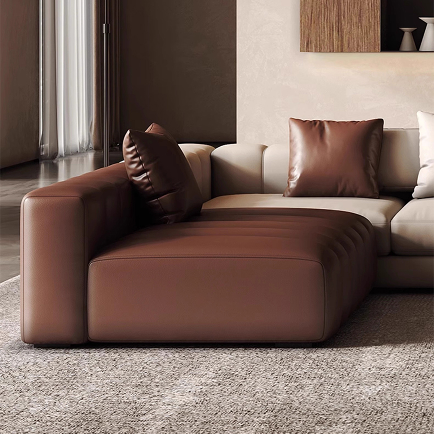 Piano L Shaped Leather Sectional Sofa with Coffee Table-Beige & Brown