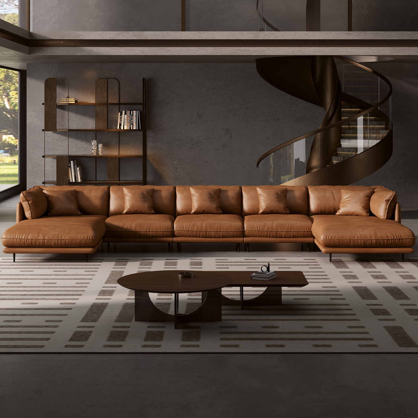 Vanilla Black Genuine Leather U-Shaped Sectional