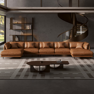 Vanilla Black Genuine Leather U-Shaped Sectional