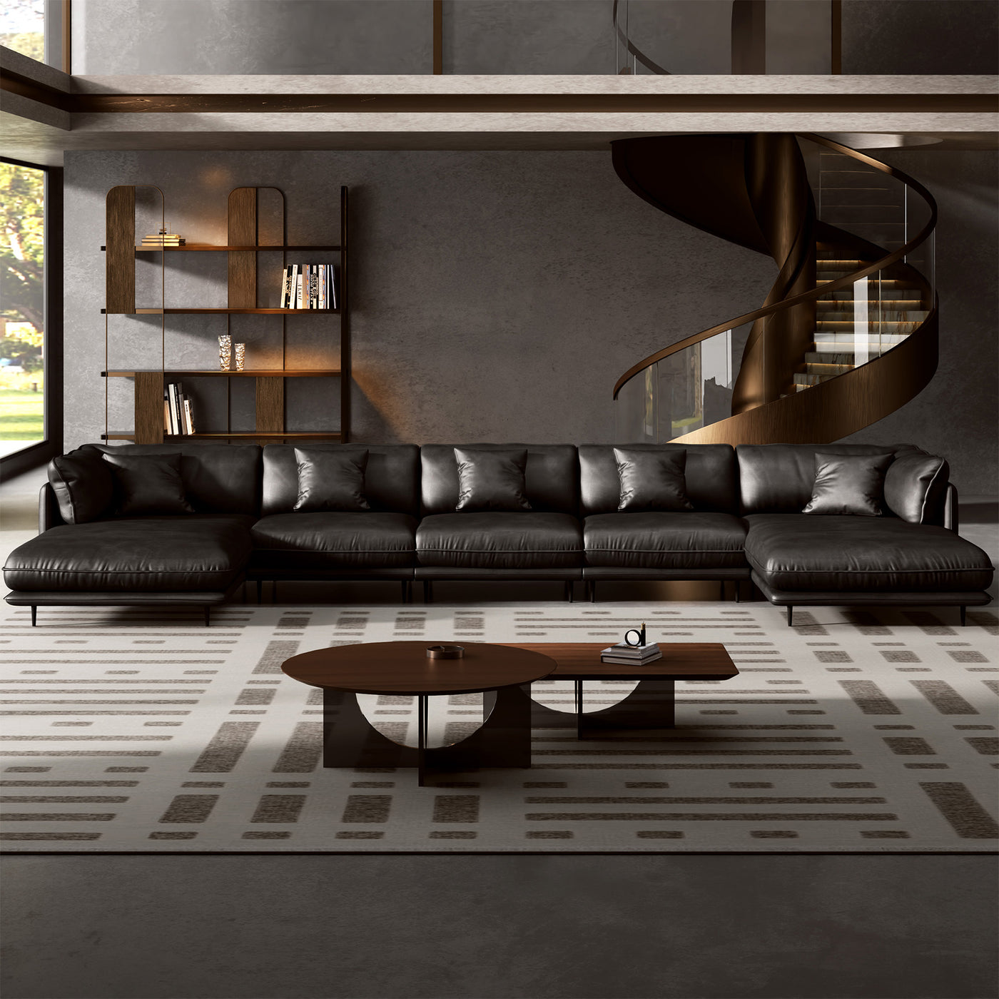 Vanilla Black Genuine Leather U-Shaped Sectional