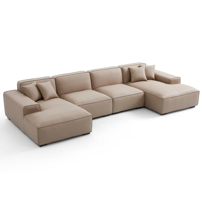 Domus Modular Brown Leather Double Chaise Sectional-Khaki-157.5″